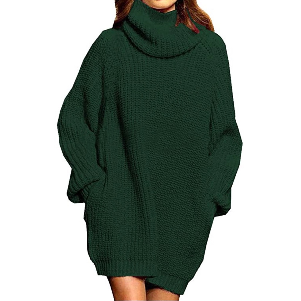 Oversized Green Turtleneck Sweater Dress